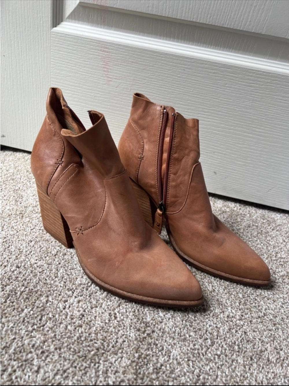 Kelsi Dagger Tan Leather Pointed Ankle Booties with Stacked Heel